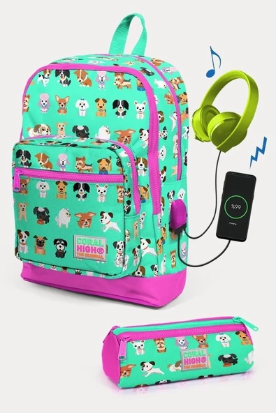 Coral High Kids Su Yeşili Neon Pembe Köpek Desenli USB'li 2'li Okul Çanta Seti - Kız Çocuk ürün görseli 1
