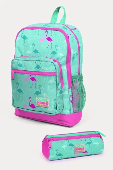 Coral High Kids Su Yeşili Neon Pembe Flamingo Desenli 2'li Okul Çanta Seti - Kız Çocuk ürün görseli 1