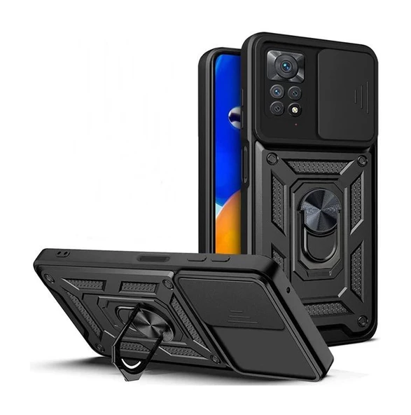Smcase Xiaomi Redmi Note 11S Kılıf Kamera Korumalı Yüzüklü Tank Pars SilikonNano Ekran Koruyucu ürün görseli 1