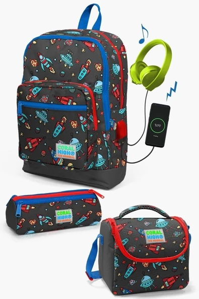Coral High Kids Koyu Gri Kırmızı Uzay Desenli USB'li 3'lü Okul Çanta Seti - Erkek Çocuk ürün görseli 1