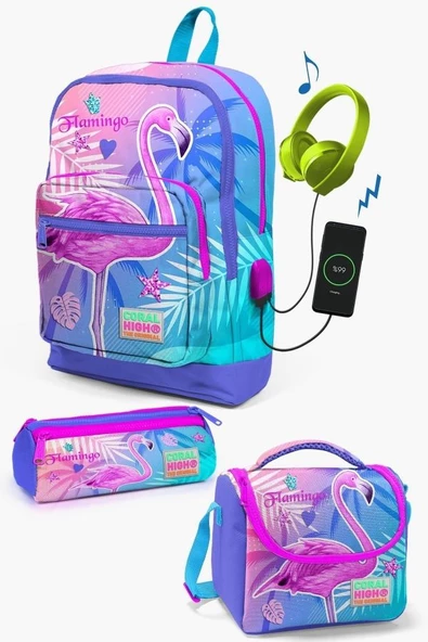 Coral High Kids Lavanta Pembe Flamingo Desenli USB'li 3'lü Okul Çanta Seti - Kız Çocuk ürün görseli 1