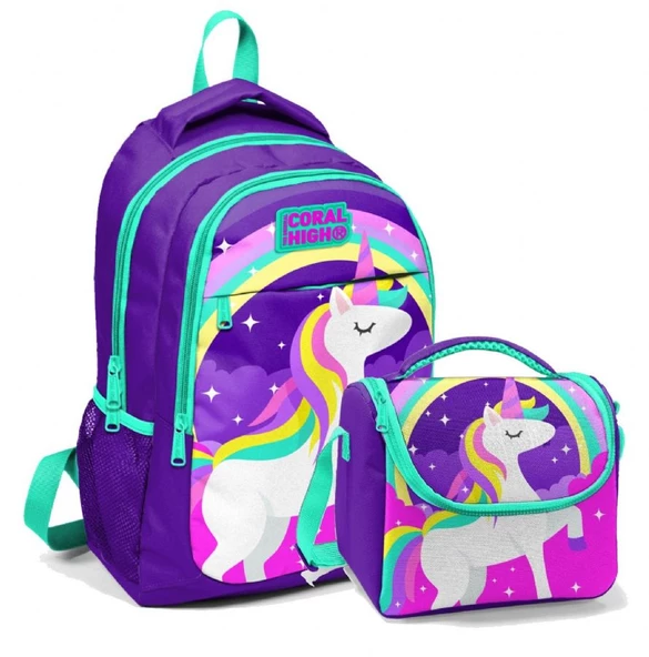 Coral High Okul Sırt Çantası ve Beslenme Çantası Seti - Kız Çocuk Mavi Unicorn ürün görseli 1
