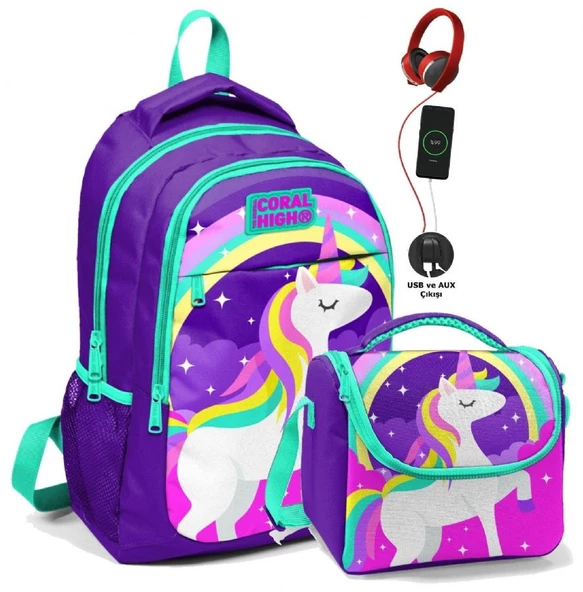 Coral High Okul Sırt Çantası ve Beslenme Çantası Seti - Kız Çocuk Mor Unicorn - USB Soketli ürün görseli 1