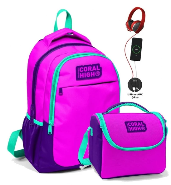 Coral High Kız Çocuk Okul Çantası ve Beslenme Çantası Seti - Pembe Mavi ürün görseli 1