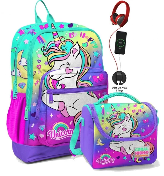Coral High Okul Çantası ve Termal Beslenme Çanta Seti - Kız Çocuk Lavanta Unicorn USB ve AUX Çıkışlı ürün görseli 1