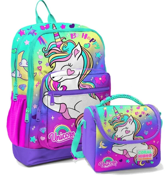 Coral High Su Yeşili Lavanta Unicorn Kız Çocuk İlköğretim Okul Sırt Çantası ve Beslenme Çanta Seti ürün görseli 1