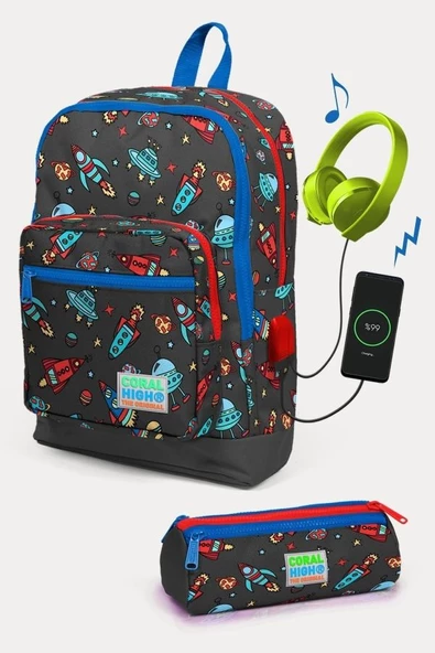 Coral High Kids Koyu Gri Kırmızı Uzay Desenli USB'li 2'li Okul Çanta Seti - Erkek Çocuk ürün görseli 1