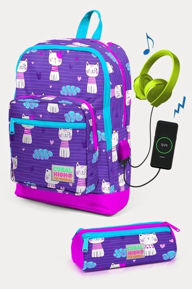 Coral High Kids Mor Pembe Kedi Desenli USB'li 2'li Okul Çanta Seti - Kız Çocuk ürün görseli 1
