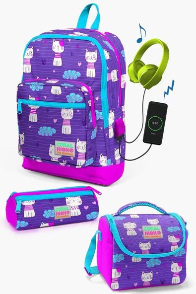 Coral High Kids Mor Pembe Kedi Desenli USB'li 3'lü Okul Çanta Seti - Kız Çocuk ürün görseli 1