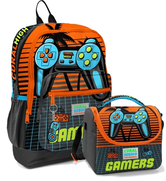 Coral High Erkek Çocuk İlkokul Okul Sırt Çantası ve Beslenme Çanta Seti - Turuncu Gamers ürün görseli 1