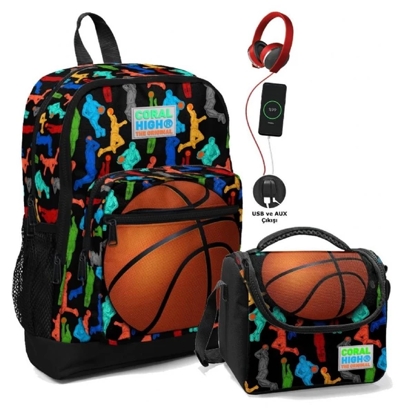 Coral High Okul Çantası ve Beslenme Çantası Seti - Erkek Çocuk Siyah Turuncu Basketbol - USB Soketli ürün görseli 1