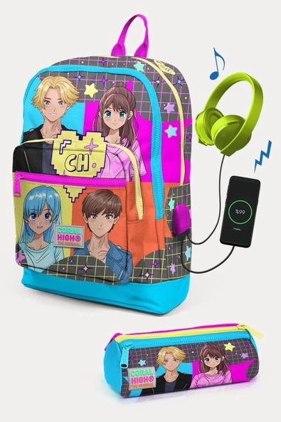 Coral High Kids Gri Mavi Pembe Anime Desenli USB'li 2'li Okul Çanta Seti - Kız Çocuk ürün görseli 1