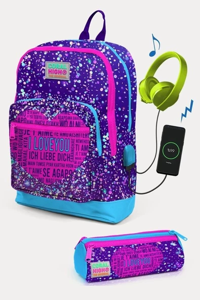 Coral High Kids Mor Mavi Pembe Kalp Desenli USB'li 2'li Okul Çanta Seti - Kız Çocuk ürün görseli 1