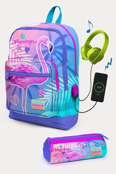 Coral High Lavanta Pembe Flamingo Desenli USB'li 2'li Okul Çanta Seti - Kız Çocuk ürün görseli 1