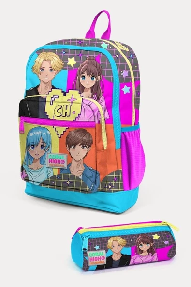 Coral High Kids Gri Mavi Pembe Anime Desenli 2'li Okul Çanta Seti - Kız Çocuk ürün görseli 1