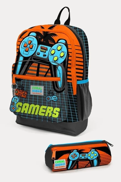 Coral High Kids Gri Turuncu Gamer Desenli 2'li Okul Çanta Seti - Erkek Çocuk ürün görseli 1