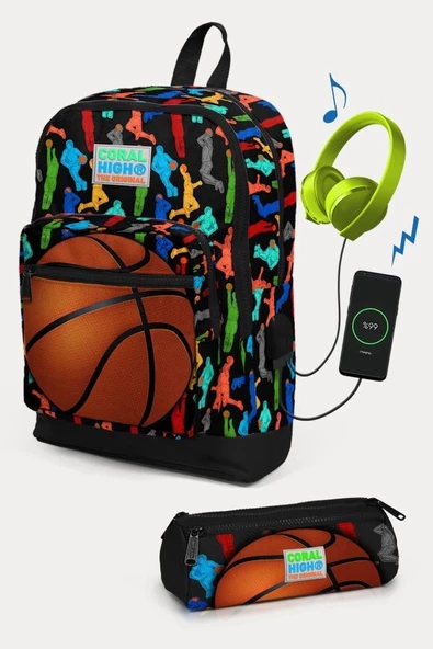 Coral High Kids Siyah Basketbol Desenli USB'li 2'li Okul Çanta Seti - Erkek Çocuk ürün görseli 1