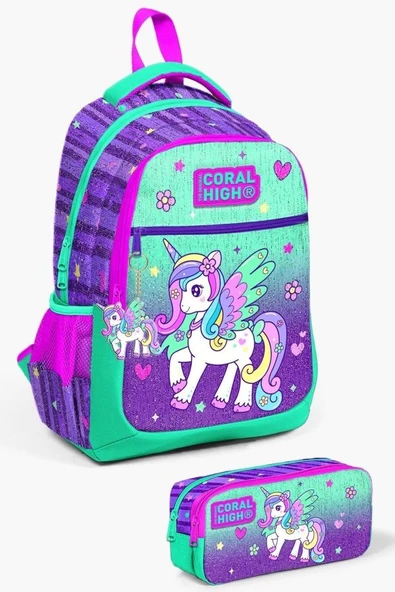 Coral High Kids Mor Su Yeşili Unicorn Desenli 2'li Okul Çanta Seti - Kız Çocuk ürün görseli 1
