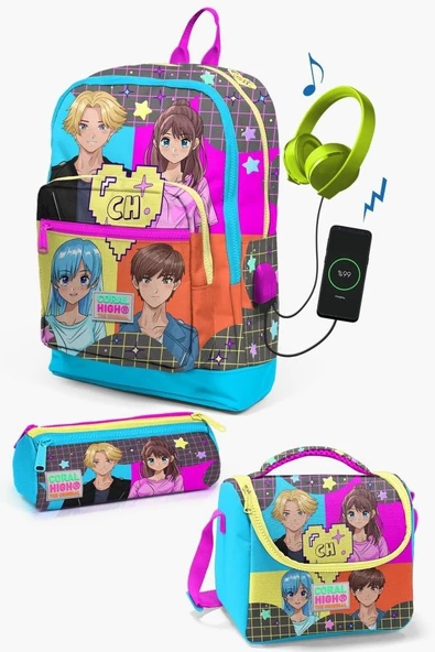 Coral High Kids Gri Mavi Pembe Anime Desenli USB'li 3'lü Okul Çanta Seti - Kız Çocuk ürün görseli 1
