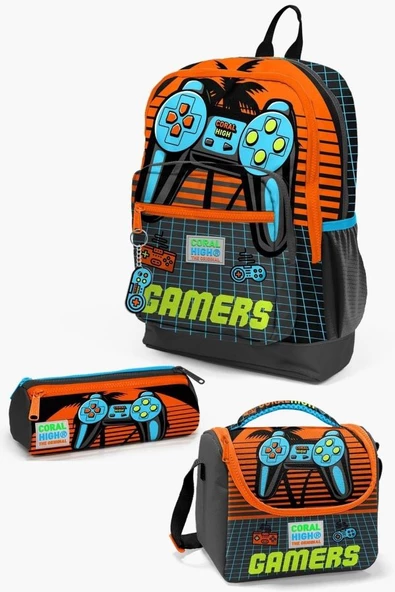 Coral High Kids Gri Turuncu Gamer Desenli 3'lü Okul Çanta Seti - Erkek Çocuk ürün görseli 1