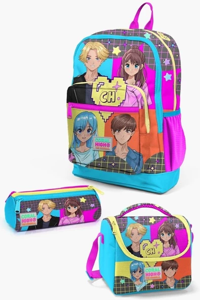 Coral High Kids Gri Mavi Pembe Anime Desenli 3'lü Okul Çanta Seti - Kız Çocuk ürün görseli 1