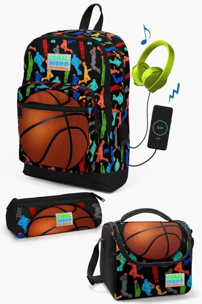 Coral High Kids Siyah Basketbol Desenli USB'li 3'lü Okul Çanta Seti - Erkek Çocuk ürün görseli 1