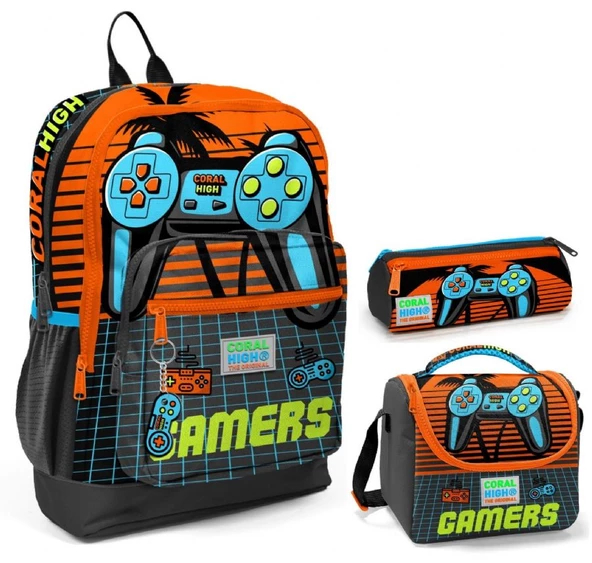 Coral High Turuncu Gamers Üçlü İlkokul Okul Çanta Seti ürün görseli 1