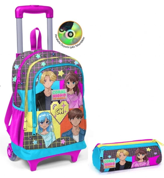 Coral High Kız Çocuk Gri Anime Tekerlekli Okul Çantası ve Kalemlik Seti ürün görseli 1