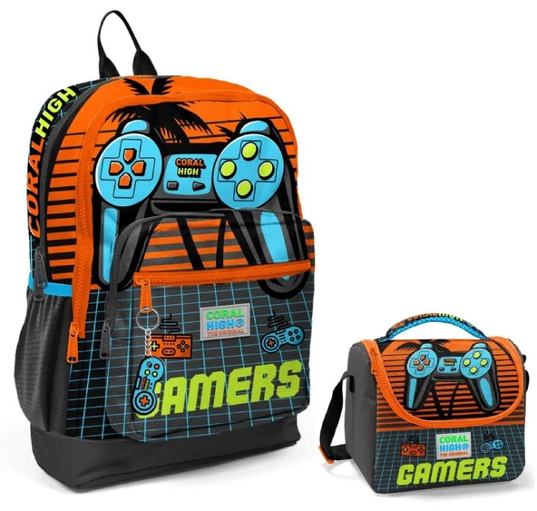Coral High Turuncu Gamers Okul Sırt ve Beslenme Çantası Seti ürün görseli 1