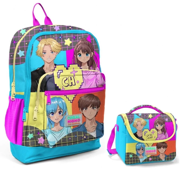 Coral High Mavi Pembe Anime Okul Sırt ve Beslenme Çantası Seti ürün görseli 1