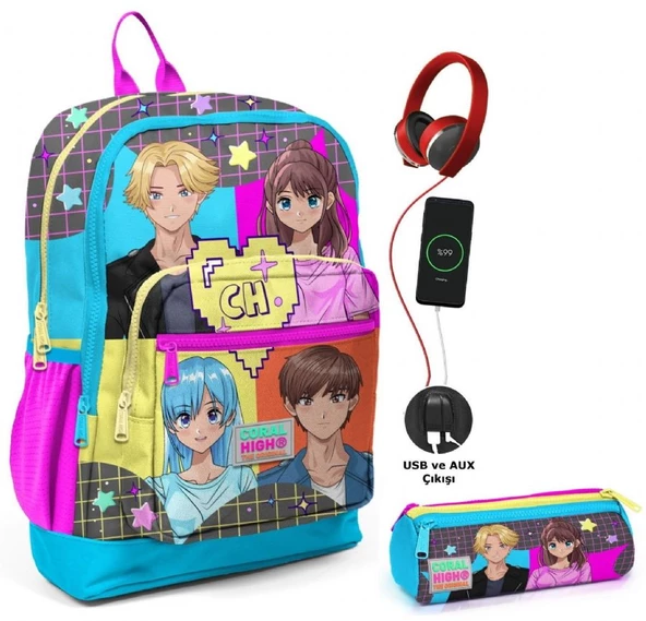 Coral High Mavi Pembe Anime USB Soketli Okul Çantası ve Kalemlik Seti - Kız Çocuk ürün görseli 1