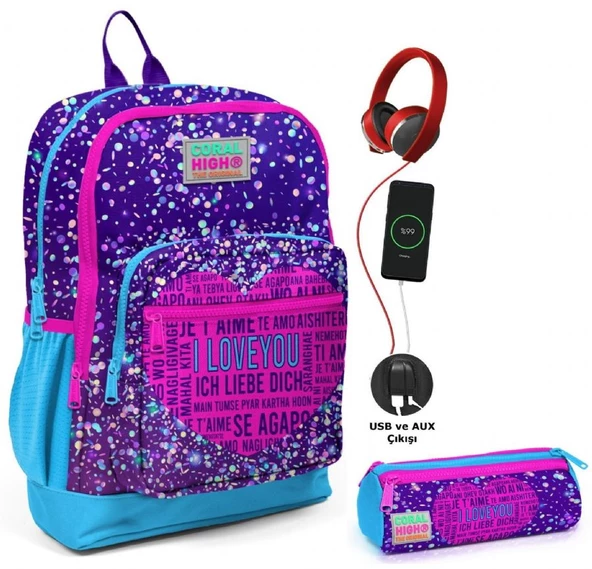 Coral High Mor Mavi Kalp USB Soketli Okul Çantası ve Kalemlik Seti - Kız Çocuk ürün görseli 1