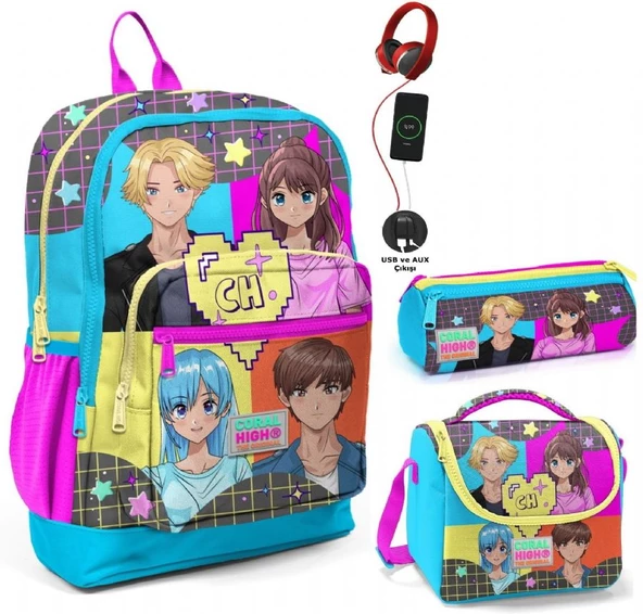 Coral High Mavi Pembe Anime USB Soketli Üçlü İlkokul Çanta Seti - Kız Çocuk ürün görseli 1