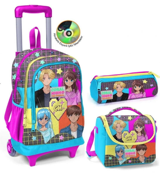 Coral High Mavi Pembe Anime Çekçek Okul Çantası Seti - Işıklı Tekerlekler - Kız Çocuk ürün görseli 1
