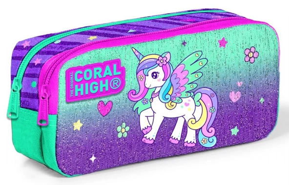 Coral High İki Bölmeli Kız Çocuk Yeşil Mor Unicorn Kalem Çantası Kalemlik ürün görseli 1