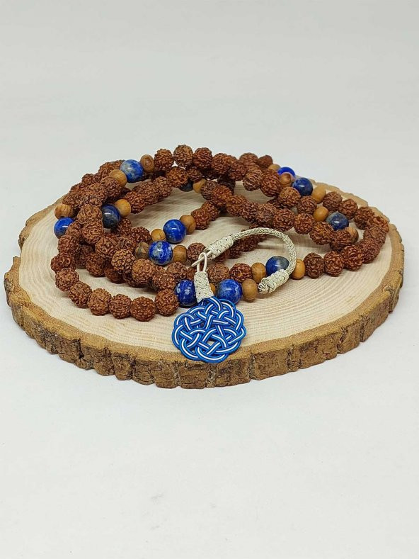 Rudraksha Tohumlu Lapis Taşlı 108lik El Yapımı Bakır Kazazlı Mala Kolye ürün görseli 1