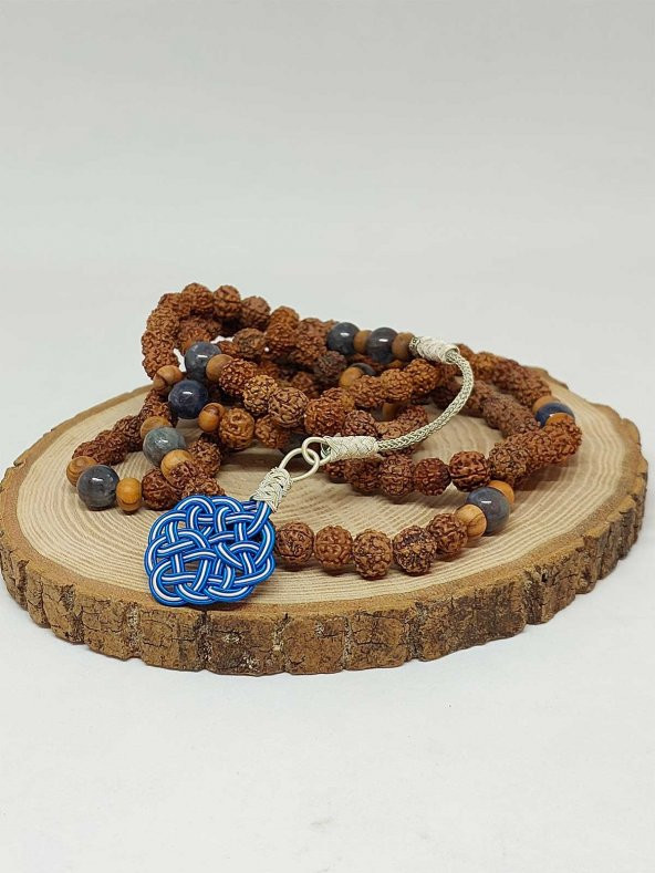 Rudraksha Tohumlu Kyanit Taşlı 108lik El Yapımı Bakır Kazazlı Mala Kolye ürün görseli 1