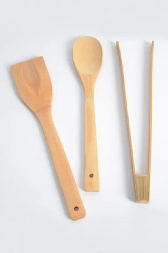 3lü Ahşap Kaşık Spatula Maşa Seti ürün görseli 1