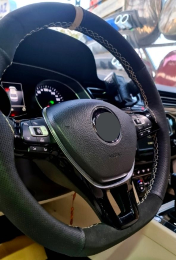 Vw Uyumlu Passat B8 Direksiyon Kılıfı Dikmeli Noktalı-Alkantara Bej Yüzüklü ürün görseli 1