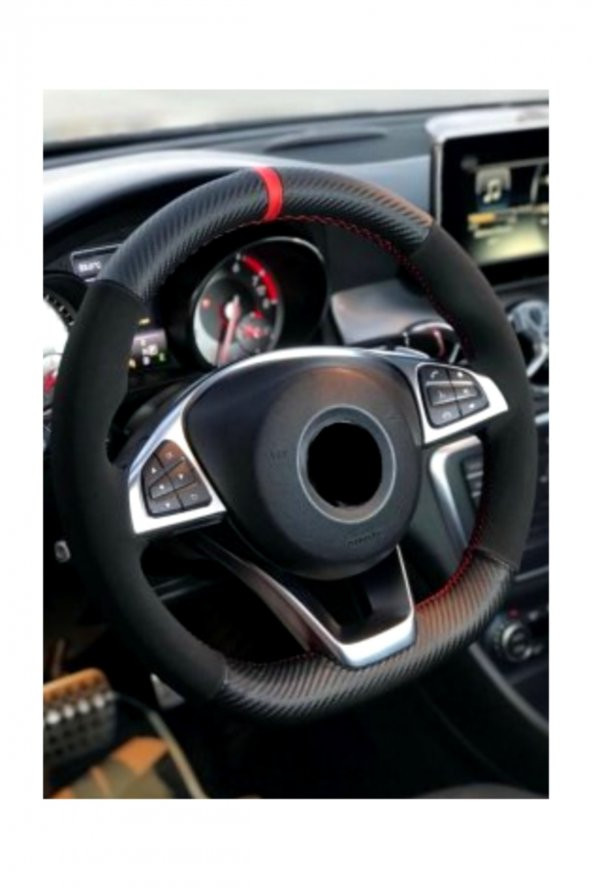 Renault Megane 3 Uyumlu Kırmızı Yüzüklü Karbon Alkantra Dikmeli Dikmeli Direksiyon Kılıfı ürün görseli 1