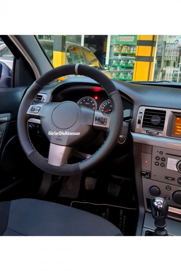 Hyundai Getz Uyumlu Dikmeli Direksiyon Kılıfı Noktalı-Alkantara Gri Yüzüklü ürün görseli 1