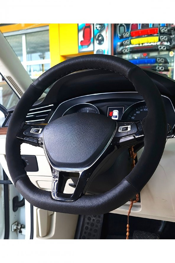 Nissan Note Uyumlu Dikmeli Direksiyon Kılıfı Noktalı-Alkantara Siyah ürün görseli 1