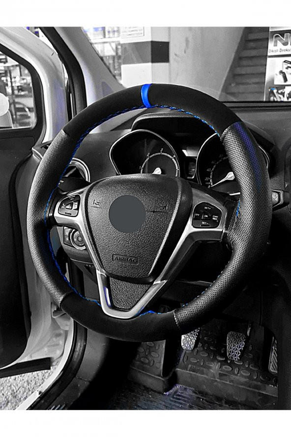 Toyota Corolla Efsane Kasa Uyumlu Dikmeli Direksiyon Kılıfı Noktalı-Nubuk Mavi Yüzüklü ürün görseli 1