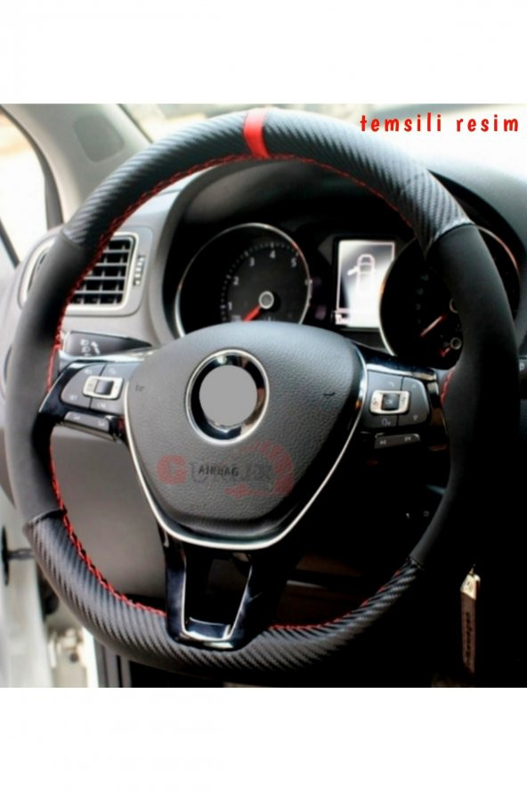Peugeot 301 Uyumlu Dikmeli Direksiyon Kılıfı Carbon Desenli Alkantra Kırmızı Yüzüklü ürün görseli 1