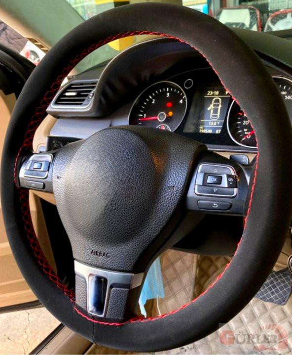 Vw Polo 2017> Uyumlu Alcantara Nubuk Dikmeli Direksiyon Kılıfı Kırmızı İpli ürün görseli 1