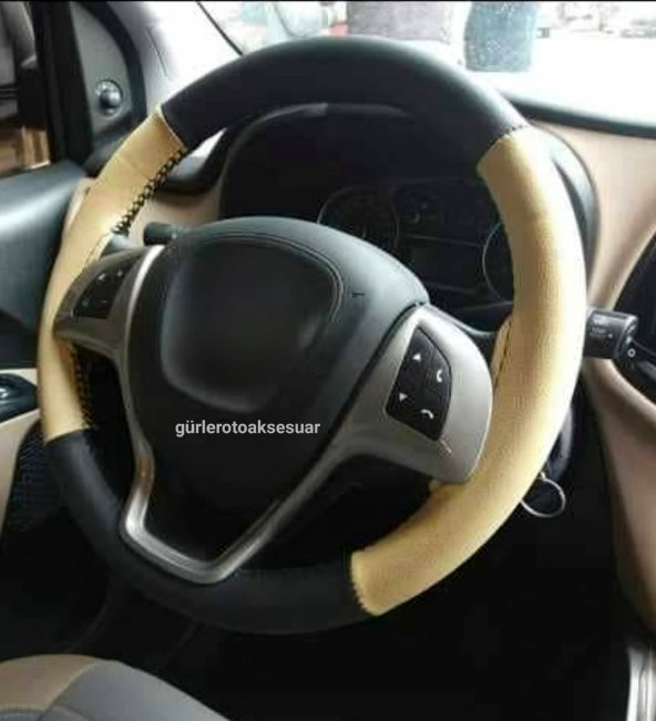 Fiat Doblo 2010+ Uyumlu Direksiyon Kılıfı Dikmeli İki Renkli Bej Siyah ürün görseli 1