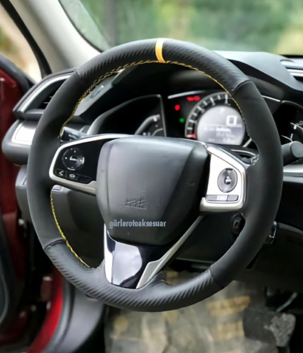 Honda Cıvıc Fc5 Uyumlu Sarı Yüzüklü Karbon Alkantara Dikmeli Direksiyon Kılıfı ürün görseli 1