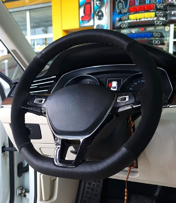 Vw Passat B8 Kasa Uyumlu Alcantara Direksiyon Kılıfı Dikmeli Noktalı Nubuk Siyah 2015 Ve Sonrası ürün görseli 1