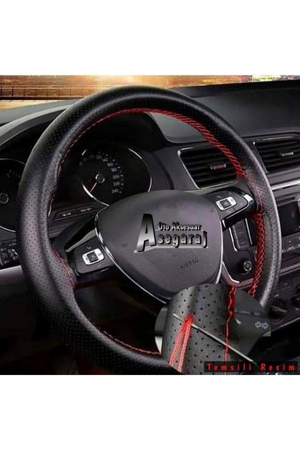 Fiat Egea Uyumlu Dikmeli Direksiyon Kılıfı Noktalı Siyah Deri-kırmızı Ipli ( 38cm×11cm ) ürün görseli 1