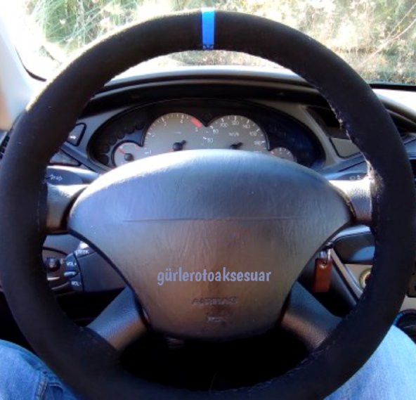 Ford Focus 1 Uyumlu Dikmeli Direksiyon Kılıfı Mavi Yüzüklü Alkantara (Nubuk) ürün görseli 1